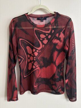 RACHEL ROY Black Red Abstract SHEER MESH Shirt Long Sleeve Goth Grunge Medium